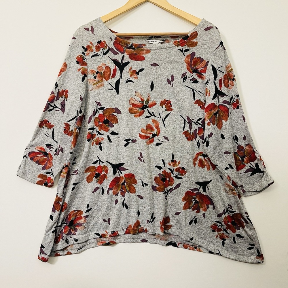 Zac & Rachel Asymmetrical Floral Tunic Top 3/4 Sleeve Cozy Fall Cottage Plus 1X